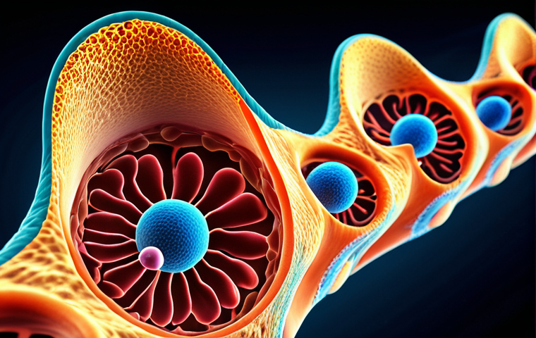 **Cell Signaling & Transport:** A microscopic view of a cell membrane with molecules passing through, rendered in a style that combines scientific accuracy with artistic flair. Include dynamic lighting and a color scheme that highlights the energy transfer processes.