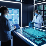 A futuristic quantum computer lab with glowing qubits and scientists working on advanced algorithms, symbolizing the potential of quantum computing to solve complex problems.