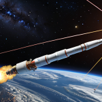 A majestic multi-stage rocket launching from Earth, its powerful fiery exhaust visually representing Newton's third law of action-reaction. Below the ascending rocket, subtle, glowing lines abstractly illustrate precise orbital mechanics and the pull of gravity, symbolizing the complex physics calculations behind space travel. The scene should convey both immense power and scientific precision, with Earth's curved horizon and a starry sky in the background.