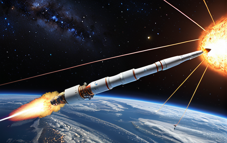 A majestic multi-stage rocket launching from Earth, its powerful fiery exhaust visually representing Newton's third law of action-reaction. Below the ascending rocket, subtle, glowing lines abstractly illustrate precise orbital mechanics and the pull of gravity, symbolizing the complex physics calculations behind space travel. The scene should convey both immense power and scientific precision, with Earth's curved horizon and a starry sky in the background.