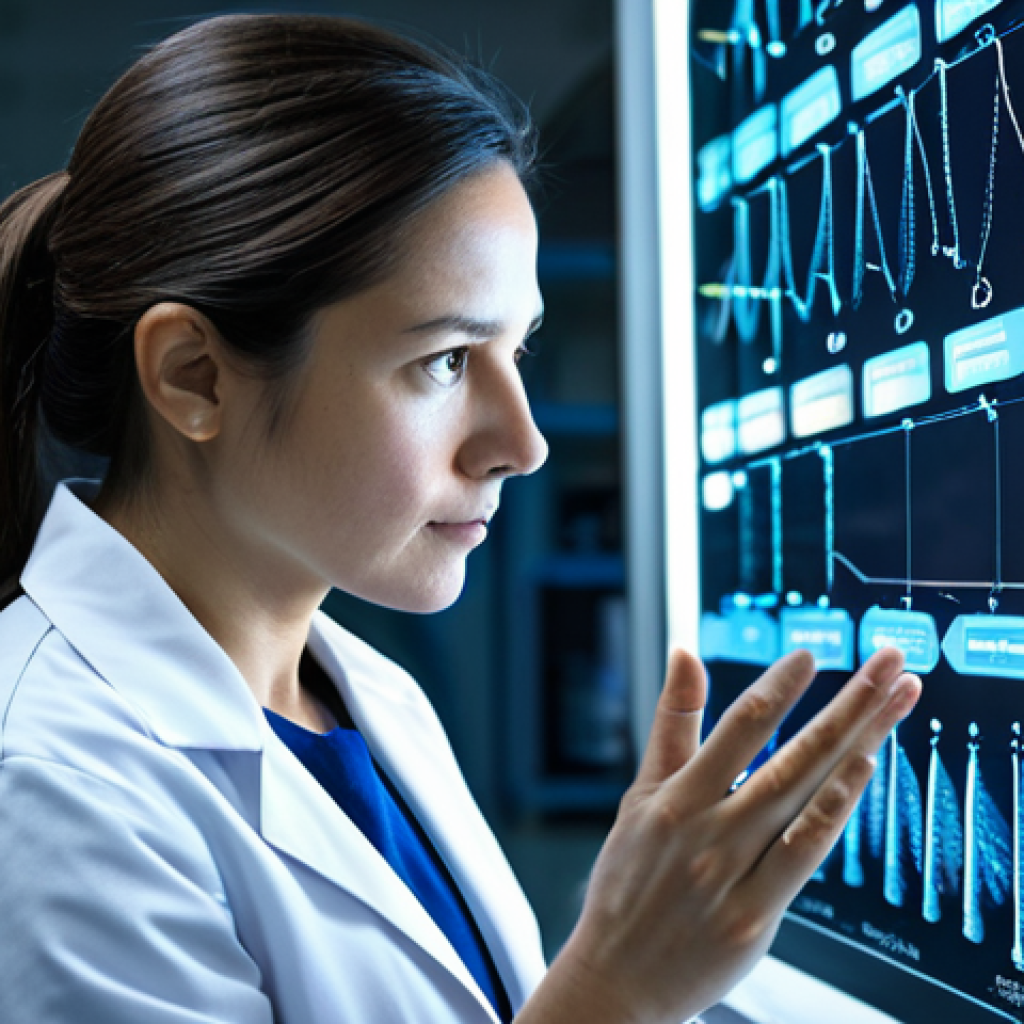 A professional biophysicist, a woman in her 30s, wearing a modest lab coat over professional attire, standing in a sophisticated, dimly lit research lab. She is looking intently at a transparent display showing a microscopic view of complex biological molecules like DNA or an enzyme. Around these molecules, ethereal, glowing lines and particles illustrate quantum phenomena such as tunneling or superposition, subtly interacting with the biological structures. The background features blurred, high-tech lab equipment. The overall image conveys a sense of scientific wonder and deep discovery. fully clothed, modest clothing, appropriate attire, professional dress, safe for work, appropriate content, professional, perfect anatomy, correct proportions, natural pose, well-formed hands, proper finger count, natural body proportions.