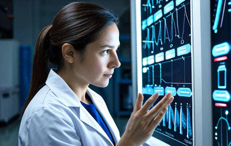 A professional biophysicist, a woman in her 30s, wearing a modest lab coat over professional attire, standing in a sophisticated, dimly lit research lab. She is looking intently at a transparent display showing a microscopic view of complex biological molecules like DNA or an enzyme. Around these molecules, ethereal, glowing lines and particles illustrate quantum phenomena such as tunneling or superposition, subtly interacting with the biological structures. The background features blurred, high-tech lab equipment. The overall image conveys a sense of scientific wonder and deep discovery. fully clothed, modest clothing, appropriate attire, professional dress, safe for work, appropriate content, professional, perfect anatomy, correct proportions, natural pose, well-formed hands, proper finger count, natural body proportions.