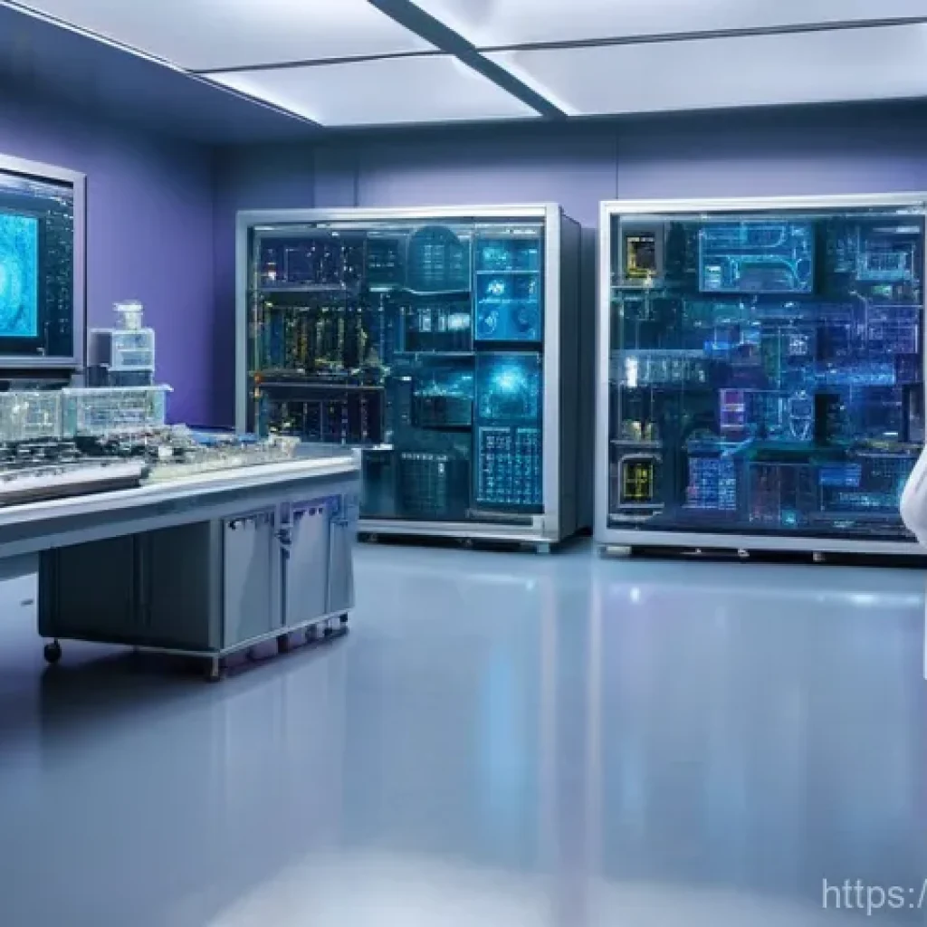 물리학 최신 연구 동향 - **Quantum Computing Breakthrough:** A futuristic, softly lit laboratory interior. In the center, a g...