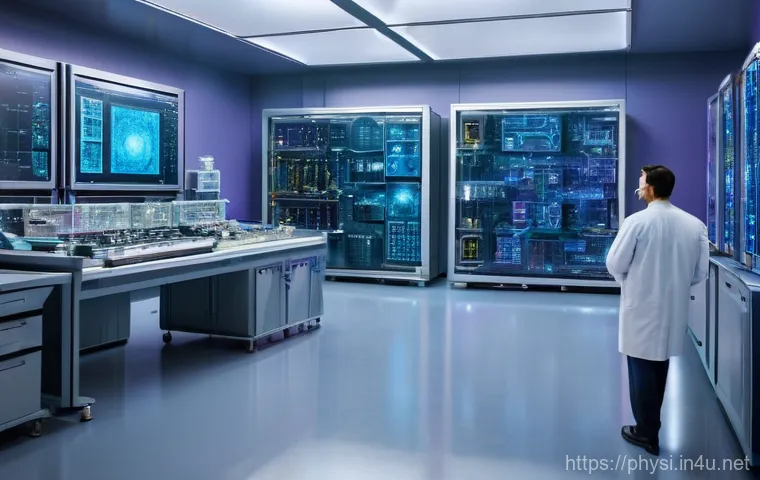 물리학 최신 연구 동향 - **Quantum Computing Breakthrough:** A futuristic, softly lit laboratory interior. In the center, a g...