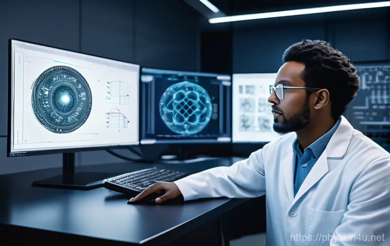 물리학 커리어를 위한 추가 학습 - A highly detailed image of a diverse male physicist in a modern, sleek research laboratory. He is in...