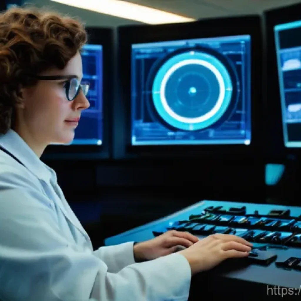 천체 물리학 연구 사례 - A focused female astrophysicist in her early 30s, with short, curly brown hair and glasses, sits in ...