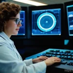 천체 물리학 연구 사례 - A focused female astrophysicist in her early 30s, with short, curly brown hair and glasses, sits in ...