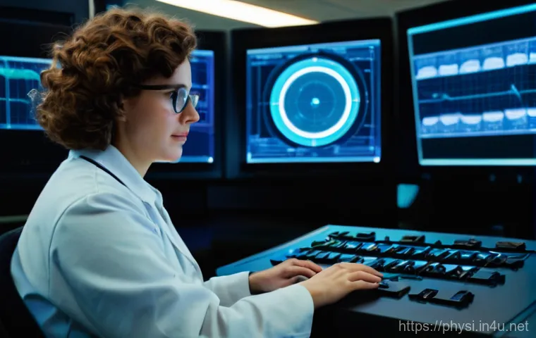 천체 물리학 연구 사례 - A focused female astrophysicist in her early 30s, with short, curly brown hair and glasses, sits in ...